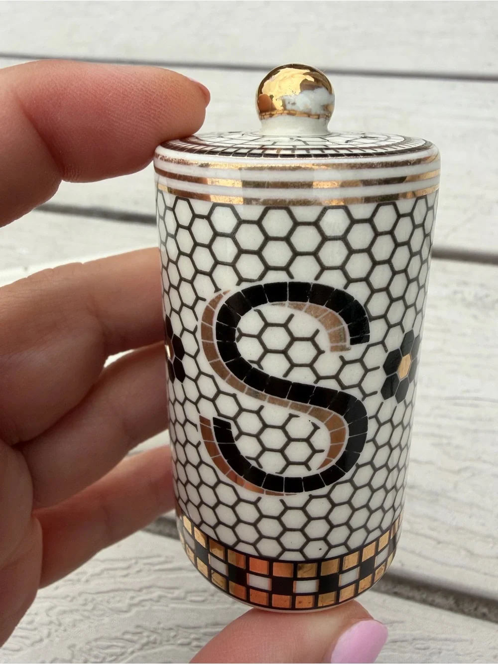 Anthropologie Bistro Tile 24k Gold Accent Salt & Pepper Shakers